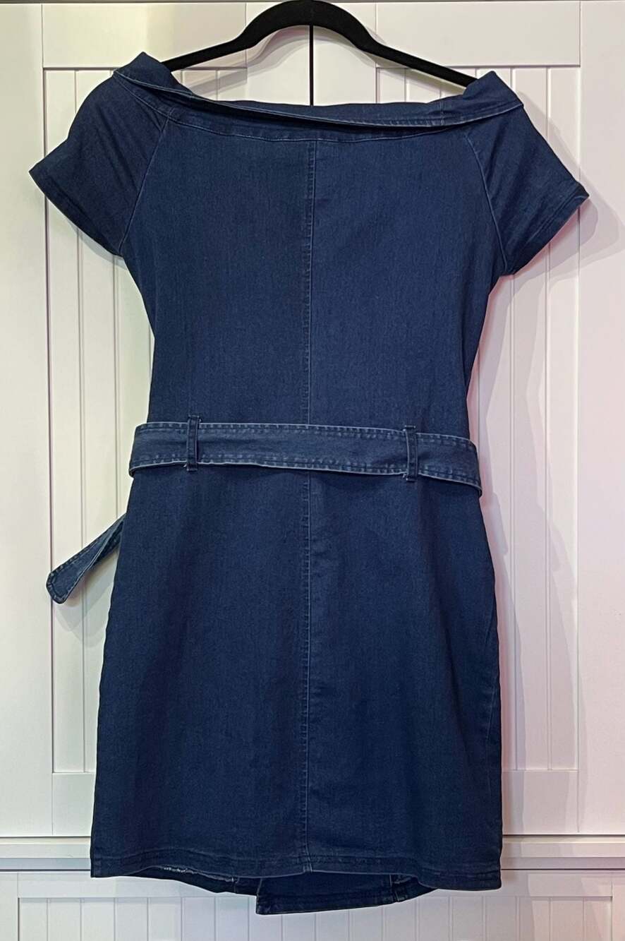 Fashion Nova Off-the-Shoulder Zip Front Denim Mini Dress with Belt - Picture 2 of 9